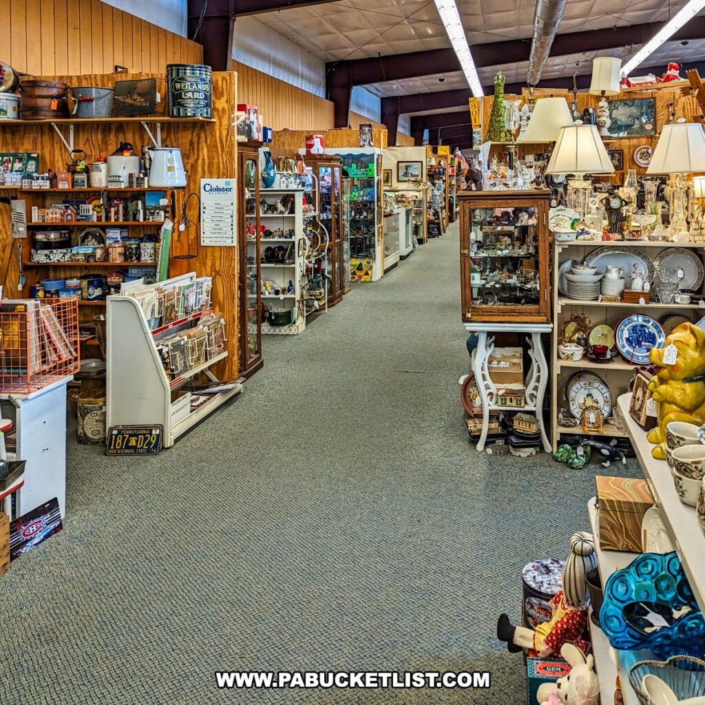 A well-organized aisle at Cackleberry Farm Antique Mall in Lancaster County, PA, filled with a diverse array of antiques and collectibles. Shelves and display cases showcase various items including kitchenware, lamps, vintage signs, and decorative plates. The clean, carpeted floor and high ceiling with exposed ducts create a spacious and inviting atmosphere. The arrangement of items highlights the mall's extensive selection, making it easy for visitors to browse and discover unique pieces.