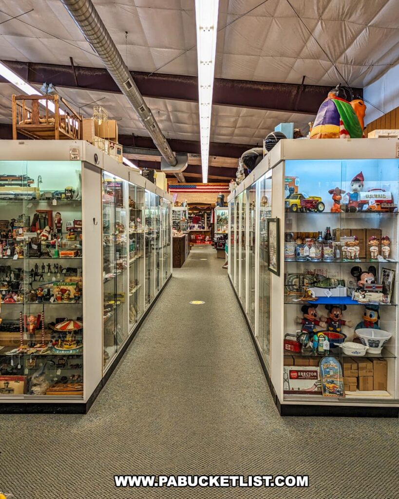 A brightly lit aisle at Cackleberry Farm Antique Mall in Lancaster County, PA, featuring display cases filled with various collectibles including vintage toys, figurines, and memorabilia. The spacious and organized layout showcases a wide array of items, inviting visitors to explore and discover unique treasures. The clean, carpeted floor and high ceiling with exposed ducts add to the welcoming atmosphere of the mall.