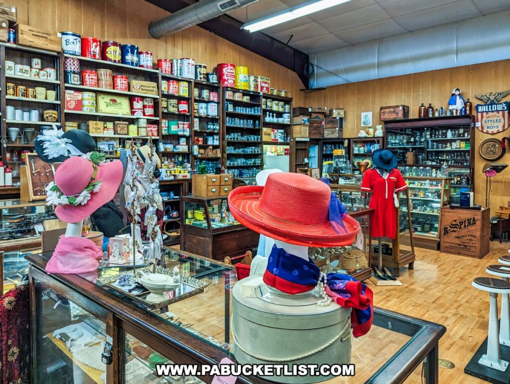 A charming section of Cackleberry Farm Antique Mall in Lancaster County, PA, showcasing a variety of vintage items. Mannequins display colorful hats and accessories, while shelves in the background are lined with old-fashioned tins, bottles, and other collectibles. The warm wooden floor and walls create a cozy atmosphere, enhancing the nostalgic feel of the space. Display cases and counters are filled with an assortment of antique goods, inviting visitors to explore and discover unique treasures.