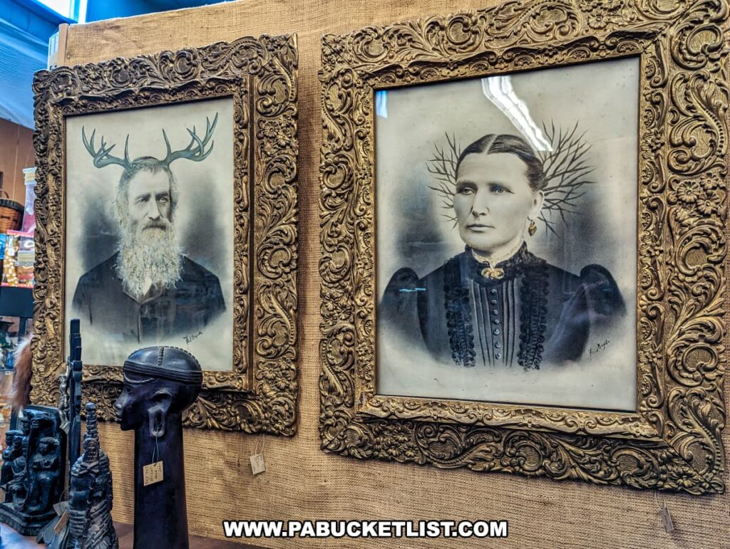 A display at Cackleberry Farm Antique Mall in Lancaster County, PA, featuring two unusual framed portraits. The portraits depict a man with antlers and a woman with thistle-like spikes, both set in ornate, antique frames. The detailed artwork and unique subject matter draw attention, showcasing the mall's eclectic and intriguing collection. Additional antique items are visible around the portraits, adding to the overall vintage ambiance.
