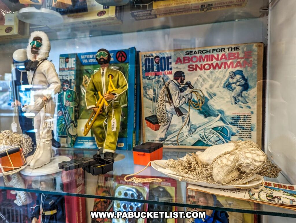 A display case at Cackleberry Farm Antique Mall in Lancaster County, PA, featuring vintage G.I. Joe action figures and adventure sets. The collection includes figures dressed in arctic and adventure gear, complete with accessories like snowshoes and climbing equipment. In the background, original packaging and boxes, including the "Search for the Abominable Snowman" set, add to the nostalgic appeal. The detailed figures and colorful packaging highlight the classic charm and collectability of these vintage toys, appealing to enthusiasts and collectors.