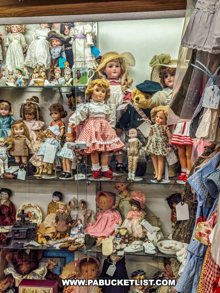 A display case at Cackleberry Farm Antique Mall in Lancaster County, PA, showcasing an extensive collection of vintage dolls. The dolls are dressed in a variety of antique clothing, ranging from elegant dresses to cute bonnets. Some dolls have accessories like hats and shoes, adding to their charm. The shelves are filled with meticulously arranged dolls of different sizes and styles, reflecting the craftsmanship and detail of a bygone era. The nostalgic display invites visitors to appreciate the history and beauty of these timeless collectibles.