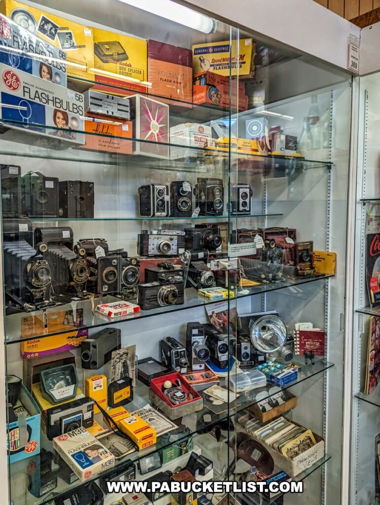 A display case at Cackleberry Farm Antique Mall in Lancaster County, PA, featuring an impressive collection of vintage film cameras and photography equipment. The shelves are filled with various models of cameras, flashbulbs, and film splicers, along with their original packaging. The neatly arranged items showcase the evolution of photographic technology and offer a nostalgic glimpse into the past. The vibrant packaging and diverse range of equipment create an intriguing and visually appealing exhibit for photography enthusiasts and collectors alike.