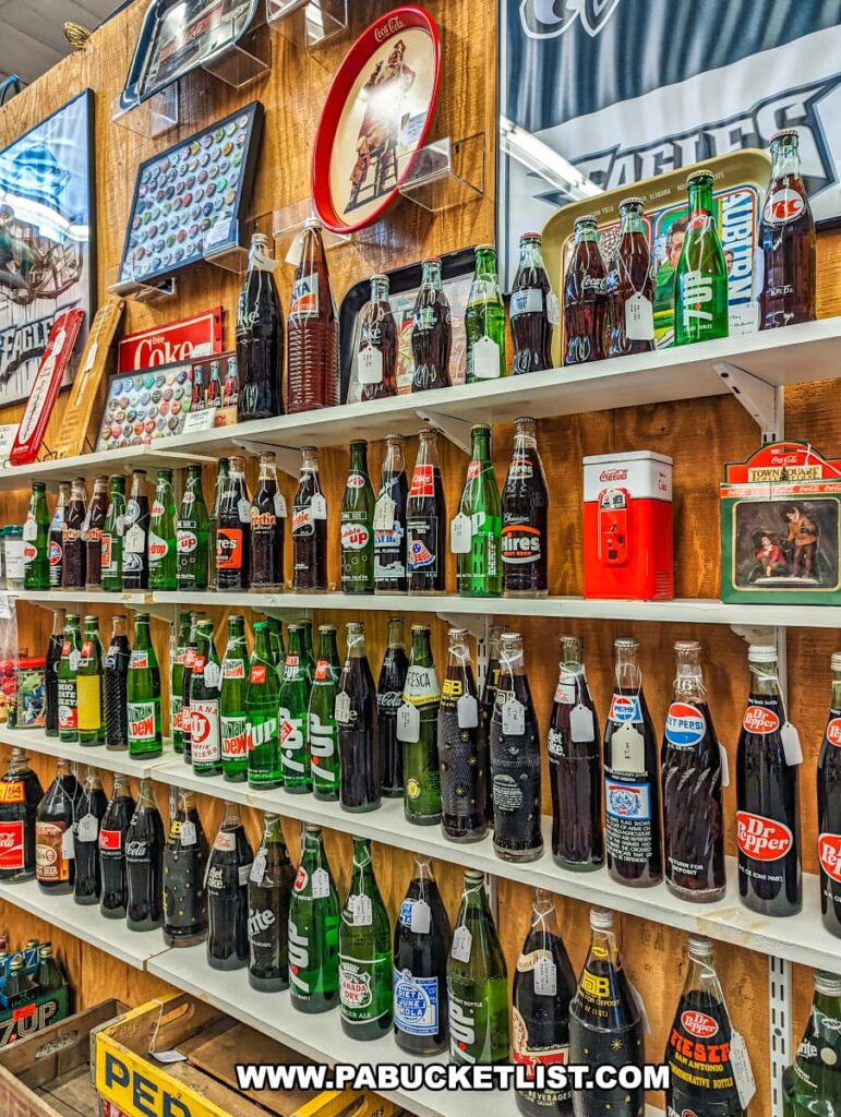 A display at Cackleberry Farm Antique Mall in Lancaster County, PA, featuring a collection of vintage soda bottles and related memorabilia. Shelves are lined with glass bottles from various brands such as Coca-Cola, 7-Up, Dr. Pepper, and Pepsi, showcasing different styles and designs. Above the bottles, vintage soda trays, signs, and other collectibles add to the nostalgic theme. The well-organized display highlights the rich history of soda branding and packaging, making it a fascinating exhibit for collectors and enthusiasts.