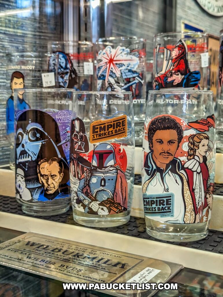 A display at Cackleberry Farm Antique Mall in Lancaster County, PA, featuring vintage Star Wars glassware. The glasses are adorned with colorful illustrations of characters and scenes from "The Empire Strikes Back," including Darth Vader, Boba Fett, and Lando Calrissian. The intricate and vibrant designs highlight the nostalgic appeal of these collectibles. The glasses are arranged neatly, with additional Star Wars-themed items visible in the background, creating an enticing display for fans and collectors of the iconic franchise.