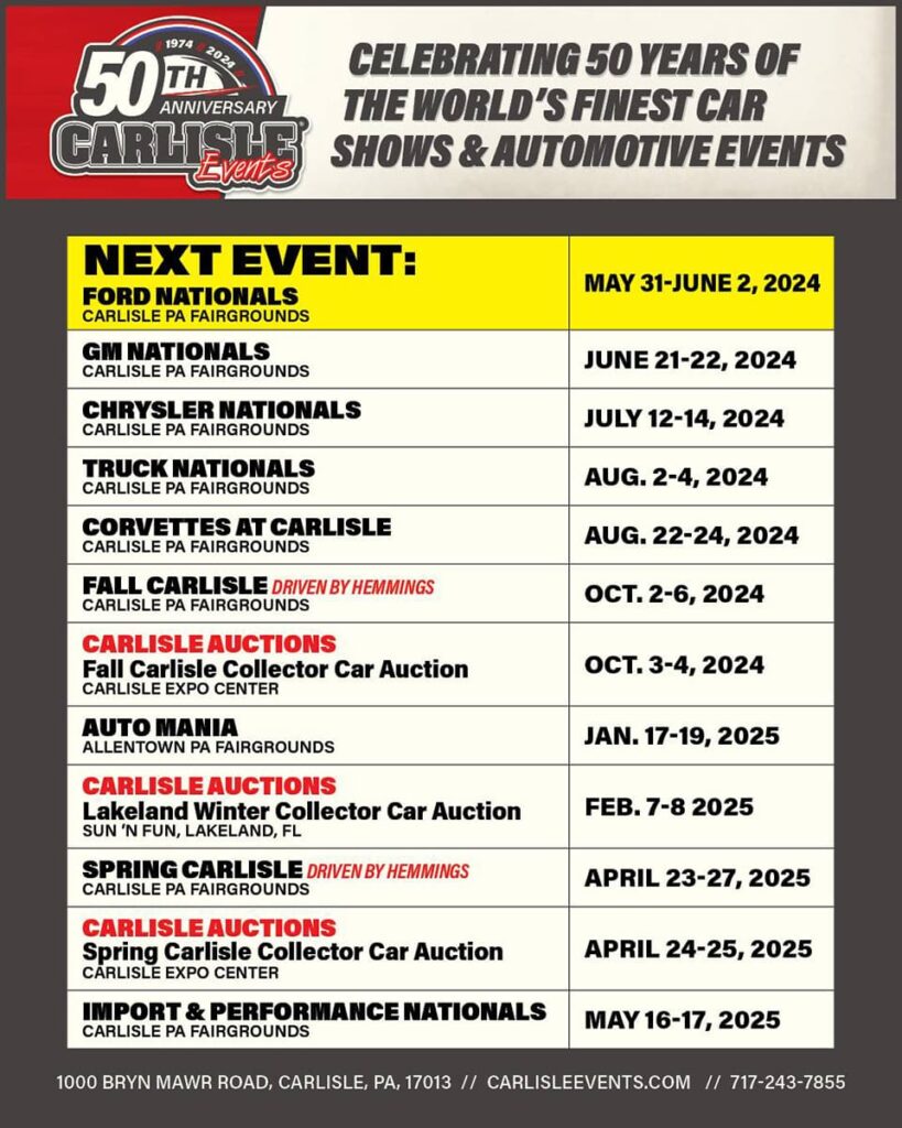 50th Anniversary Carlisle Events schedule showcasing dates for various car shows and auctions in 2024 and 2025, including Ford Nationals, GM Nationals, Chrysler Nationals, Truck Nationals, Corvettes at Carlisle, Fall Carlisle, and Import & Performance Nationals, held at the Carlisle PA Fairgrounds and other locations.