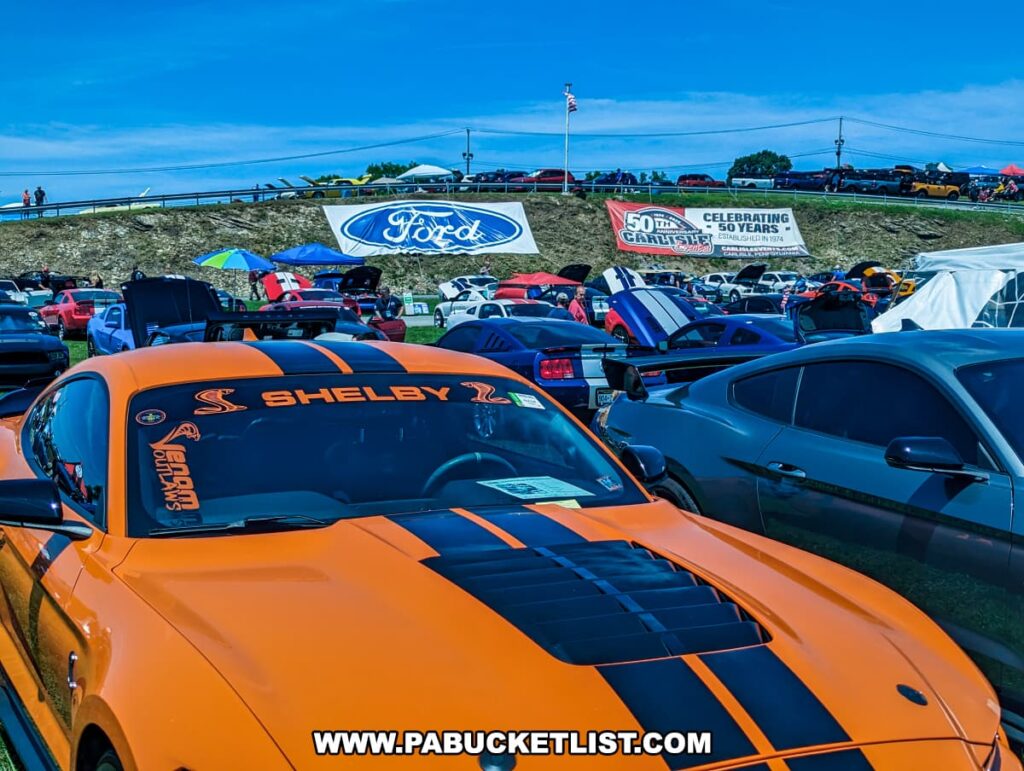 Bright orange Shelby Mustang with black racing stripes in the foreground, surrounded by other colorful cars with open hoods at the Carlisle Events Ford Nationals car show. A large Ford sign and a 50th-anniversary banner for Carlisle Events are visible on a hill in the background, under a clear blue sky.
