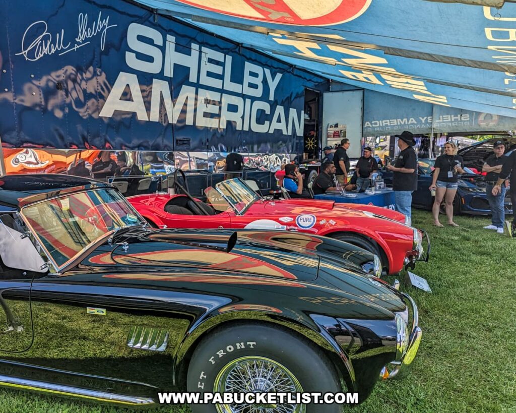 Shelby American display at the Carlisle Events Ford Nationals car show featuring a row of classic Shelby Cobras, including a black and a red model, parked under a large tent. The tent is adorned with the Shelby American logo and Carroll Shelby's signature. Attendees are seen engaging with representatives at a table and examining the iconic cars. The vibrant colors of the vehicles and the lively atmosphere highlight the excitement and prestige of the Shelby brand at the event.