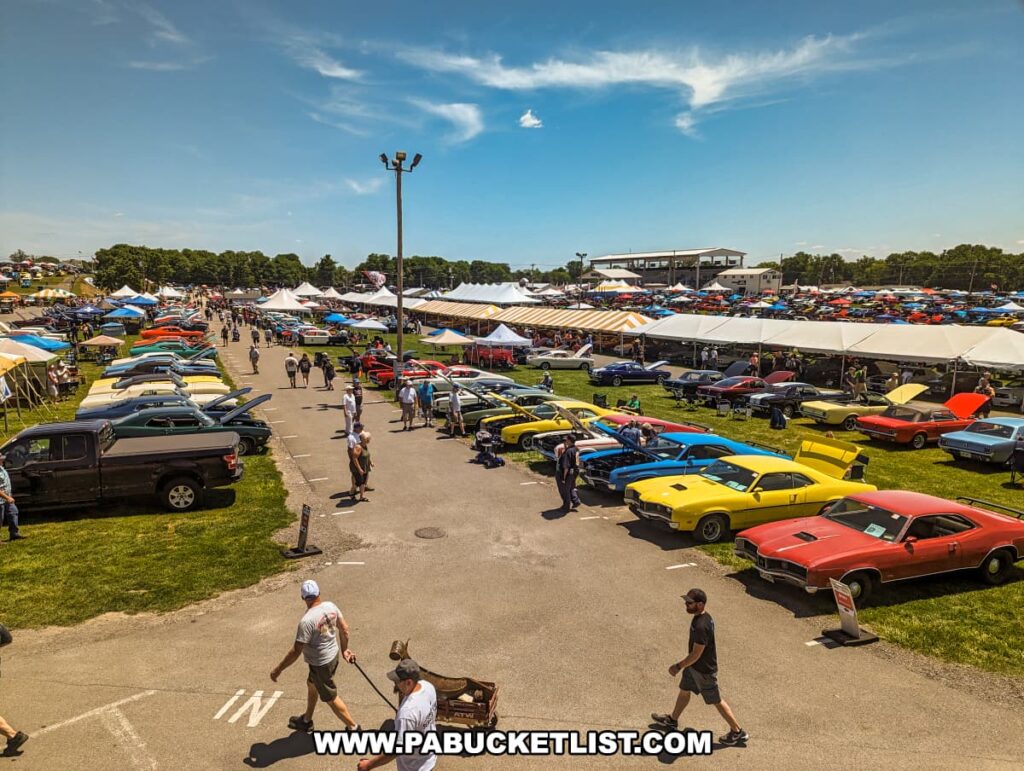 Elevated view of the Carlisle Events Ford Nationals car show, showcasing rows of classic cars with their hoods open, colorful tents, and numerous attendees walking through the showfield. The expansive area is filled with a variety of vehicles, from classic muscle cars to modern models, under a sunny sky with a few scattered clouds. The bustling atmosphere highlights the popularity and scale of the event.