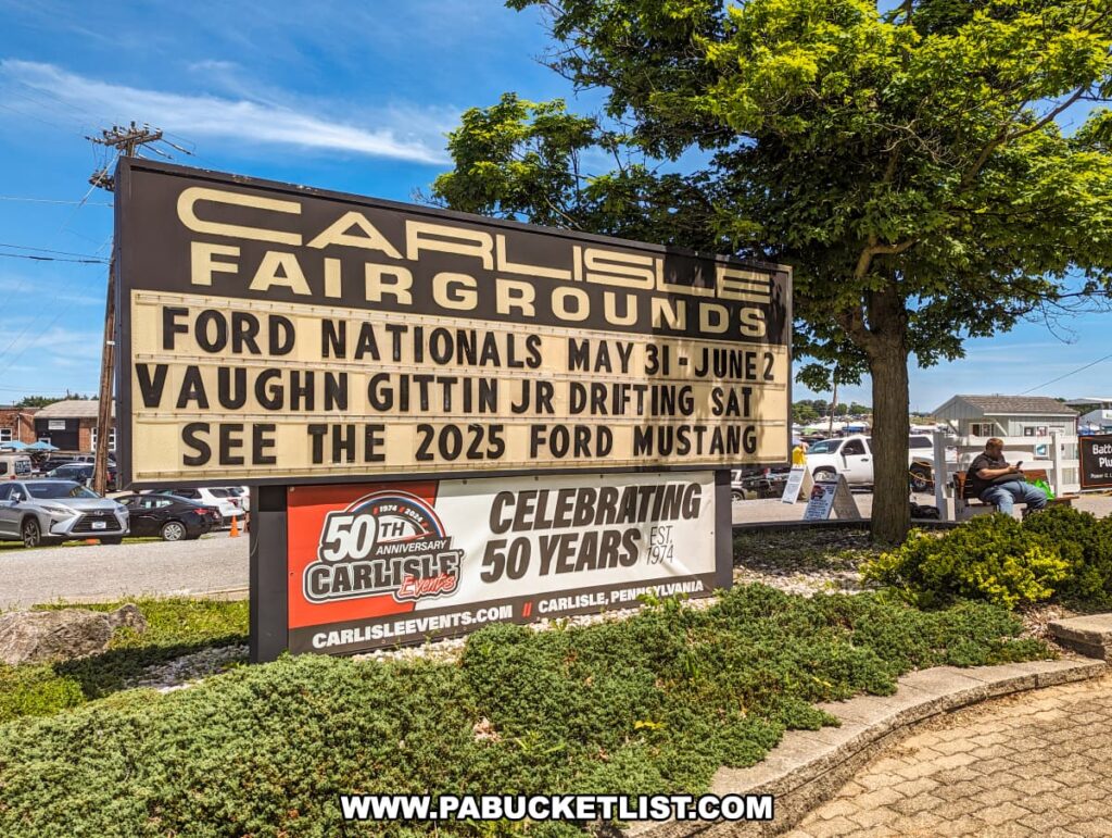 Entrance sign at the Carlisle Fairgrounds announcing the Ford Nationals event from May 31 to June 2, featuring Vaughn Gittin Jr. drifting on Saturday and the opportunity to see the 2025 Ford Mustang. Below the main sign, a banner celebrates the 50th anniversary of Carlisle Events. The area around the sign is landscaped with bushes and trees, with people and parked cars visible in the background under a clear blue sky.