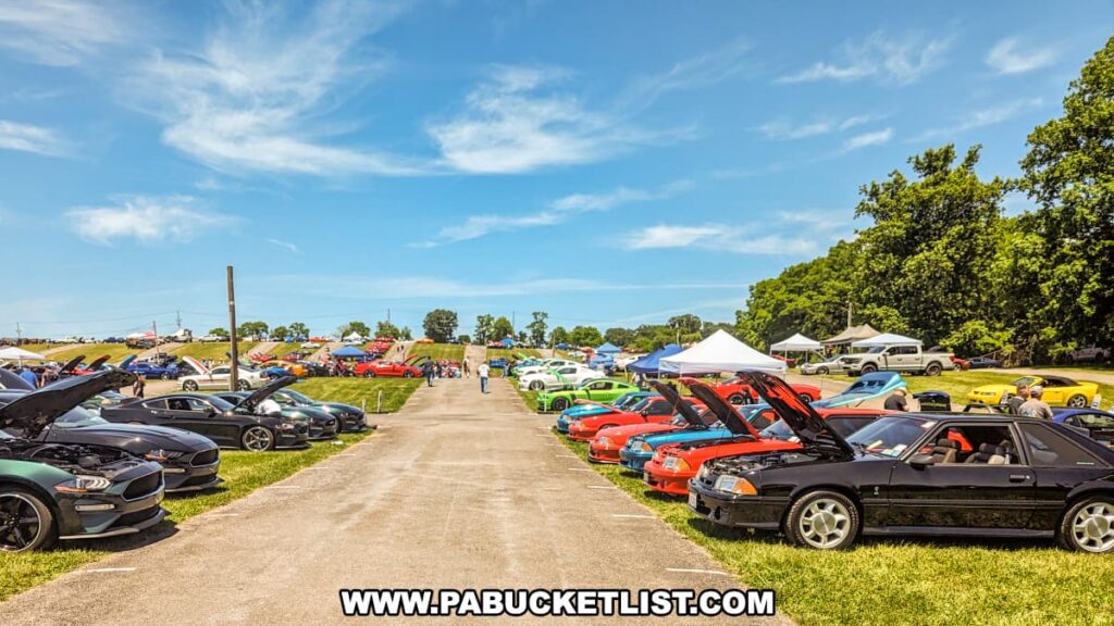 A wide view of the Carlisle Events Ford Nationals car show featuring rows of classic and modern cars with their hoods open on both sides of a paved walkway. Tents and canopies provide shade for attendees examining the vehicles. The scene includes a variety of colorful cars, with people strolling and enjoying the sunny day under a clear blue sky. The expansive area and diverse lineup of cars create a lively and engaging atmosphere.