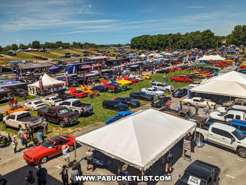 Aerial view of the Carlisle Events Ford Nationals car show, showcasing a crowded showfield with rows of cars, vendor tents, and exhibit booths. Various classic and modern Ford vehicles, including Mustangs and trucks, are on display. Attendees are seen walking around, examining cars, and interacting with vendors. The scene is filled with colorful tents and banners under a bright blue sky, capturing the vibrant and bustling atmosphere of the event. The grassy areas and paved walkways are packed with car enthusiasts enjoying the sunny day.