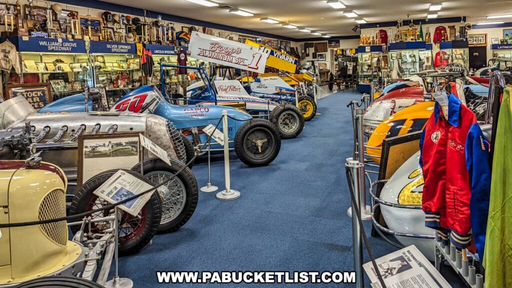 A vibrant display of vintage race cars, memorabilia, and trophies at the Eastern Museum of Motor Racing in Adams County, Pennsylvania. The exhibit showcases classic sprint cars, including a blue "Boop's Aluminum Special" and a yellow "Paul Pitzer" car, lined up alongside other historic vehicles. The room is filled with racing artifacts, from helmets and jackets to framed photographs, celebrating the rich history of American motor racing, particularly in Pennsylvania and surrounding areas. The setting is well-lit and neatly organized, inviting visitors to explore the legacy of motor racing.