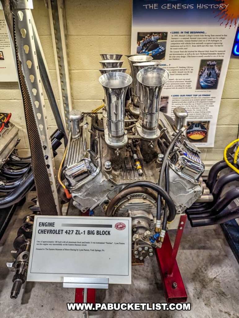 A detailed exhibit of a Chevrolet 427 ZL-1 Big Block engine at the Eastern Museum of Motor Racing in Adams County, Pennsylvania. This engine, one of approximately 200 built with an aluminum block and heads, was nicknamed "Patchez" and successfully run by Lynn Paxton on the Eastern Racecar circuit. The engine is displayed on a stand with informational signage detailing its history and significance. The exhibit is part of the museum's mission to preserve and interpret the history of American motor racing, with a specific focus on Pennsylvania and surrounding regions. Various related artifacts and educational materials are visible in the background, enhancing the informative nature of the display.