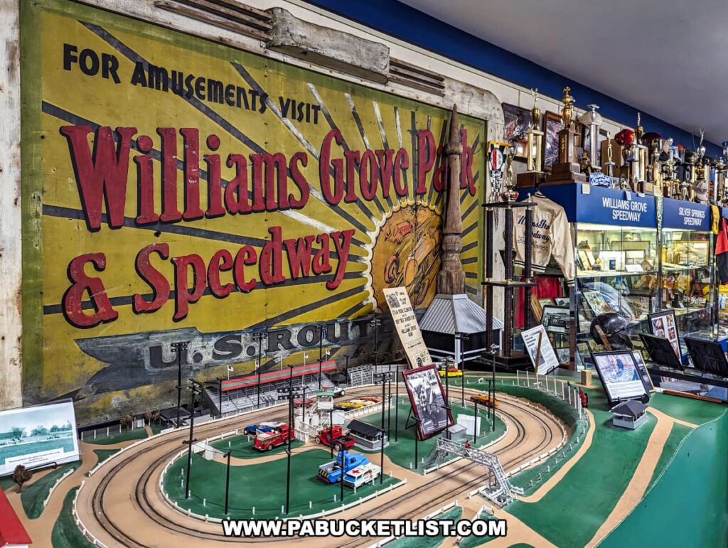 An exhibit at the Eastern Museum of Motor Racing in Adams County, Pennsylvania, featuring a large, vintage sign from Williams Grove Park & Speedway. The display includes a detailed model of the speedway track, complete with miniature cars and structures, providing an interactive element. Surrounding the sign and model are various racing memorabilia, including trophies, photographs, and informational plaques from Williams Grove Speedway and Silver Springs Speedway. The exhibit reflects the museum's mission to preserve and interpret the rich history of American motor racing, with a special focus on Pennsylvania and surrounding regions.