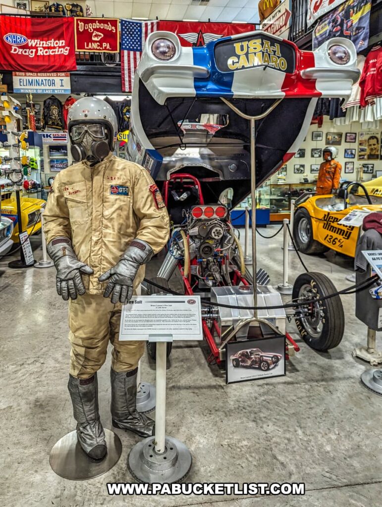 An exhibit at the Eastern Museum of Motor Racing in Adams County, Pennsylvania, featuring a vintage drag racing scene. The centerpiece is the USA-1 Camaro dragster with its hood open, revealing the powerful engine. In front of the car, a mannequin is dressed in an authentic fire suit and helmet used by driver Bruce Larson, adding to the historical context. Surrounding the display are banners, memorabilia, and other race cars, illustrating the rich heritage of drag racing. Informational plaques provide detailed descriptions of the items, enhancing the educational experience for visitors.