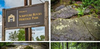 A collage of four photos from Scripture Rocks Heritage Park in Jefferson County, Pennsylvania. The top left image features the entrance sign welcoming visitors to the park. The top right image shows a rock with the word "HOPE" engraved on it, surrounded by lush vegetation. The bottom left image displays a large rock with the word "FAITH" inscribed, highlighting the intricate carvings by Douglas M. Stahlman. The bottom right image captures a serene gravel trail winding through the forest, flanked by vibrant green ferns and tall trees.
