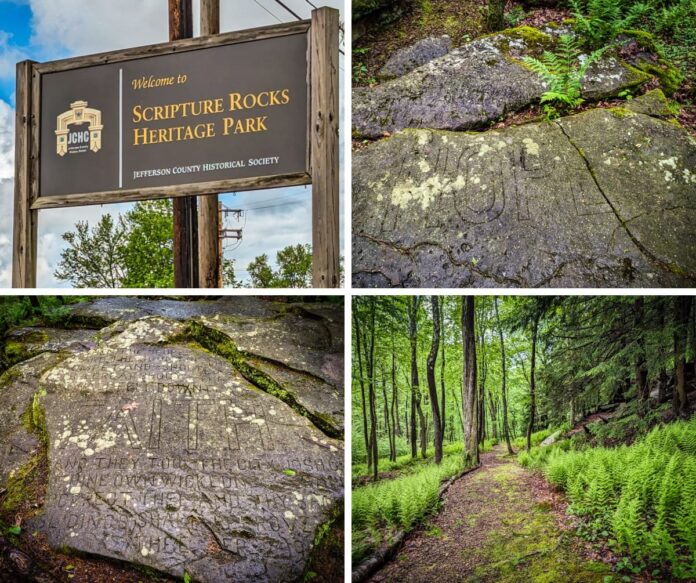 A collage of four photos from Scripture Rocks Heritage Park in Jefferson County, Pennsylvania. The top left image features the entrance sign welcoming visitors to the park. The top right image shows a rock with the word "HOPE" engraved on it, surrounded by lush vegetation. The bottom left image displays a large rock with the word "FAITH" inscribed, highlighting the intricate carvings by Douglas M. Stahlman. The bottom right image captures a serene gravel trail winding through the forest, flanked by vibrant green ferns and tall trees.