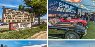 Collage of four photos from the Carlisle Events Ford Nationals car show in Cumberland County, PA. The top left image shows the entrance sign at the Carlisle Fairgrounds, announcing the Ford Nationals event and celebrating 50 years of Carlisle Events. The top right image features the Shelby American display with classic Shelby Cobras under a tent adorned with the Shelby American logo and Carroll Shelby's signature. The bottom left image captures a row of classic Mustangs with their hoods open, including a black Mustang GT, displayed under tents. The bottom right image provides an aerial view of the crowded showfield, showcasing rows of cars, vendor tents, and attendees enjoying the event under a sunny blue sky.
