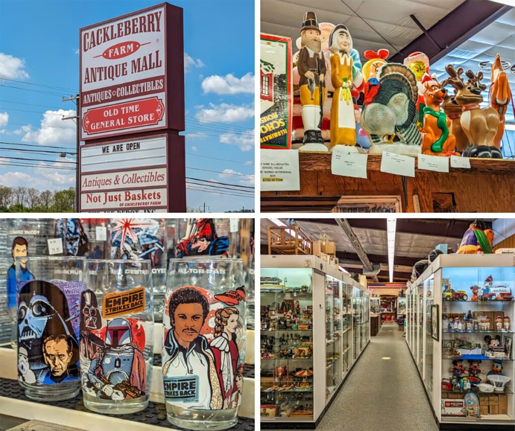 A collage of four photos taken at the Cackleberry Farm Antique Mall in Lancaster County, PA. The first photo shows the large, red roadside sign for the antique mall under a bright blue sky. The second photo features a collection of vintage blow mold holiday decorations, including pilgrims, a turkey, reindeer, and other festive characters. The third photo highlights vintage Star Wars glassware with detailed illustrations of characters from "The Empire Strikes Back." The fourth photo captures a brightly lit aisle filled with display cases showcasing various collectibles, including vintage toys and memorabilia, in an organized layout.