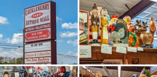 A collage of four photos taken at the Cackleberry Farm Antique Mall in Lancaster County, PA. The first photo shows the large, red roadside sign for the antique mall under a bright blue sky. The second photo features a collection of vintage blow mold holiday decorations, including pilgrims, a turkey, reindeer, and other festive characters. The third photo highlights vintage Star Wars glassware with detailed illustrations of characters from "The Empire Strikes Back." The fourth photo captures a brightly lit aisle filled with display cases showcasing various collectibles, including vintage toys and memorabilia, in an organized layout.