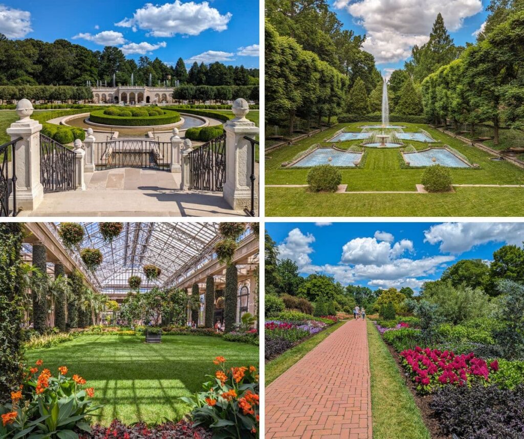A collage of four photos from Longwood Gardens: The top left image shows the Main Fountain Garden with an elegant staircase and manicured hedges. The top right image captures the Italian Water Garden with symmetrical pools and a tall central fountain. The bottom left image features the lush conservatory with hanging plants and vibrant flowers. The bottom right image depicts a colorful flower-lined brick walkway in the Lakes District.