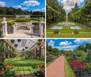 A collage of four photos from Longwood Gardens: The top left image shows the Main Fountain Garden with an elegant staircase and manicured hedges. The top right image captures the Italian Water Garden with symmetrical pools and a tall central fountain. The bottom left image features the lush conservatory with hanging plants and vibrant flowers. The bottom right image depicts a colorful flower-lined brick walkway in the Lakes District.