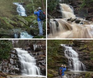 A collage of 4 photos taken at Yoder Falls in Somerset County Pennsylvania.