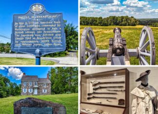 A collage of four photos from Brandywine Battlefield Park in Chester County, Pennsylvania, showcases the historical significance of the site. The top left image features a historical marker detailing the Battle of the Brandywine, which occurred on September 11, 1777, where American forces attempted to halt the British advance. The top right image shows a cannon positioned in a field, representing the battlefield. The bottom left image depicts Washington's Headquarters, a stone house with a commemorative plaque. The bottom right image displays a museum exhibit with American military equipment, including firearms and a mannequin dressed in period attire. These images collectively highlight key aspects of the largest and longest single-day land battle of the American Revolution.