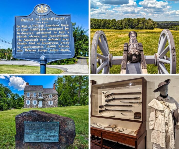 A collage of four photos from Brandywine Battlefield Park in Chester County, Pennsylvania, showcases the historical significance of the site. The top left image features a historical marker detailing the Battle of the Brandywine, which occurred on September 11, 1777, where American forces attempted to halt the British advance. The top right image shows a cannon positioned in a field, representing the battlefield. The bottom left image depicts Washington's Headquarters, a stone house with a commemorative plaque. The bottom right image displays a museum exhibit with American military equipment, including firearms and a mannequin dressed in period attire. These images collectively highlight key aspects of the largest and longest single-day land battle of the American Revolution.