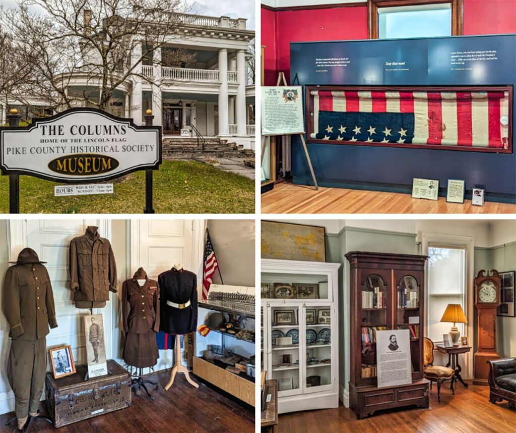 A collage of four photos taken at the Columns Museum in Pike County, PA. The top left photo shows the museum's exterior, a stately white building with large columns, and a sign indicating it is the home of the Pike County Historical Society and the Lincoln Flag. The top right photo features the display of the famous "bloody Lincoln flag," believed to have cushioned President Lincoln's head after he was shot. The bottom left photo shows a collection of military uniforms and artifacts, representing the contributions of local veterans. The bottom right photo displays a room filled with historical artifacts, including a cabinet with dishes, a grandfather clock, and a portrait of Charles Sanders Peirce along with his personal effects. This collage highlights the museum's diverse exhibits and rich historical collections.