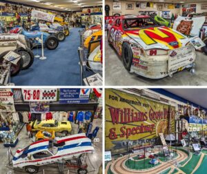 A collage of four photos taken at the Eastern Museum of Motor Racing in Adams County, Pennsylvania, showcasing various exhibits. The top left image features a collection of vintage sprint cars, including the blue "Boop's Aluminum Special." The top right image displays a red and yellow NASCAR race car with McDonald's branding and the number 94. The bottom left image shows a vibrant display of drag racing memorabilia, including Bruce Larson's USA-1 Camaro Funny Car and other notable vehicles. The bottom right image highlights a large, vintage sign from Williams Grove Park & Speedway, accompanied by a detailed model of the speedway track and surrounding racing artifacts. The collage reflects the museum's mission to preserve and interpret the rich history of American motor racing, particularly in Pennsylvania and surrounding regions.