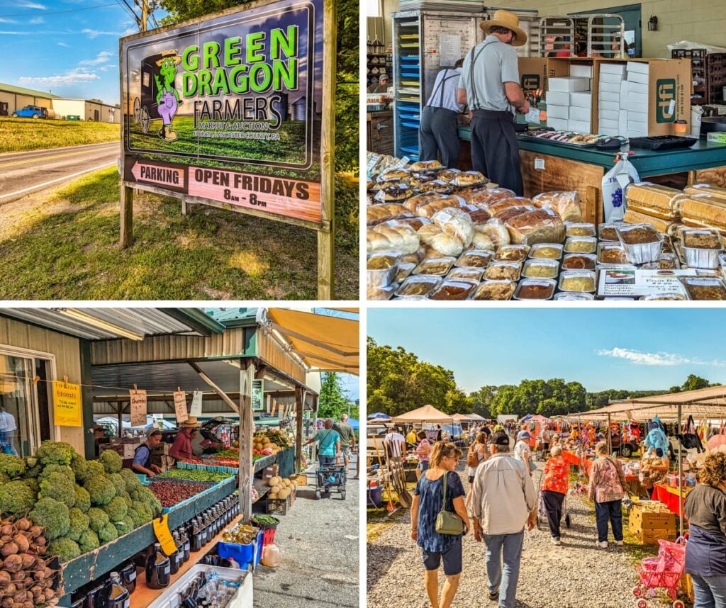 Collage of four photos showcasing the Green Dragon Farmers Market in Lancaster County, Pennsylvania. The first image displays the entrance sign for the market, indicating its hours of operation. The second image shows Amish vendors organizing baked goods, including various breads and cakes. The third image captures fresh produce such as broccoli and cherries at a vendor's stall. The fourth image features the outdoor vendor area bustling with people browsing through a variety of stalls offering diverse products. The collage highlights the lively atmosphere and wide range of goods available at the market.