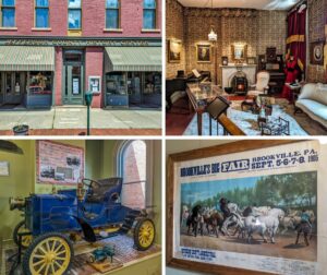 A collage of four photos taken at the Jefferson County History Center in Brookville, Pennsylvania. The top left image shows the front entrance of the history center, featuring a brick building with green and white striped awnings and large display windows. The top right image depicts a historic parlor room with period furnishings, including a grand piano, fireplace, and antique seating, showcasing 19th-century decor. The bottom left image features the Twyford Motorcar, a blue early automobile with yellow wheels, recognized as the first four-wheel-drive vehicle, prominently displayed inside the museum. The bottom right image shows a vintage poster for "Brookville's Big Fair" held in 1905, with an illustration of an equestrian event and details about the fair's attractions.