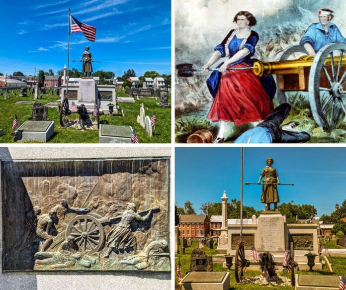 A collage of four photos featuring the Molly Pitcher monument and gravesite in Old Cemetery, Carlisle, PA. The top left image shows the statue of Molly Pitcher standing on a pedestal with an American flag beside it, surrounded by gravestones. The top right image is an illustration of Molly Pitcher operating a cannon during the Battle of Monmouth. The bottom left image shows a raised relief plaque on the monument depicting Molly Pitcher in battle, aiding with the cannon amid fallen soldiers. The bottom right image captures the monument from a different angle, highlighting the statue, the pedestal, and the surrounding cemetery with gravestones and American flags.