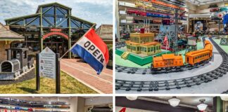 A collage of four photos taken at the National Toy Train Museum in Lancaster County, Pennsylvania. The top left image shows the museum's entrance, featuring a glass building with an "OPEN" flag and a sign indicating various museum sections. The top right image captures a vibrant model train layout with an orange passenger train, a central station, and various surrounding accessories. The bottom left image displays a detailed model train layout with mountainous terrain, bridges, and multiple trains running on tracks, along with shelves filled with model trains in the background. The bottom right image showcases an "American Flyer" exhibit, highlighting a variety of model trains and accessories on a realistic train layout.