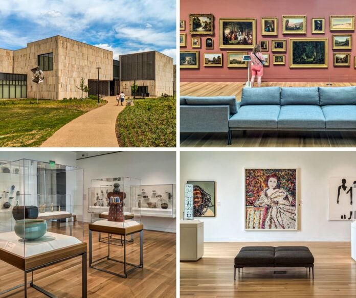 A collage of four photos showcasing various aspects of the Palmer Museum of Art in Centre County, PA. The top left photo features the exterior of the museum with its modern stone architecture and a pathway leading to the entrance. The top right photo captures a visitor admiring a wall of paintings arranged in a salon-style display in a gallery with red walls and a gray sofa in the foreground. The bottom left photo shows an exhibit of ceramics and other artifacts displayed in glass cases within a spacious gallery. The bottom right photo highlights a contemporary art gallery with colorful modern paintings and sculptures, including a large, vibrant portrait and an abstract piece, with seating provided for visitors to sit and enjoy the artworks.