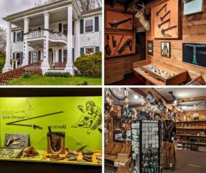A collage of four photos taken at the Pocono Indian Museum in Monroe County, PA. The top left image shows the front entrance of the museum, a white colonial-style building with columns and a ramp leading up to the porch. The top right image displays an interior exhibit featuring Native American artifacts, including a mounted deer head, traditional weapons, and tools. The bottom left image showcases a green exhibit with stone tools and weapons such as an atlatl, spear thrower, post mold, and awl, along with illustrative drawings. The bottom right image captures the gift shop, highlighting a variety of Native American-themed jewelry, dreamcatchers, and clothing, arranged on shelves and racks in a rustic setting.