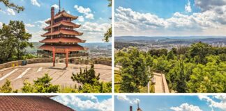 This collage showcases four photos of the Reading Pagoda in Berks County, PA. The top left image features the Pagoda with its seven stories and distinctive red roofs, framed by trees and overlooking the city below. The top right photo captures a panoramic view from the Pagoda, highlighting the lush green landscape and distant cityscape. The bottom left image provides a close-up of the Pagoda's detailed stonework, balcony, and red-tiled roof. The bottom right photo shows visitors enjoying the scenic overlook, with the Pagoda and parked cars visible in the background under a partly cloudy sky.