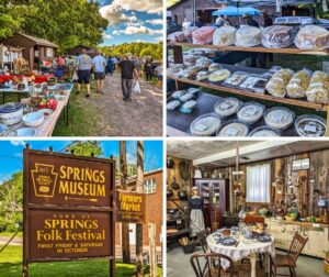 A collage of four images from the Springs Farmers Market and Museum: the top left image shows visitors walking through an outdoor market with vendor tables displaying various items; the top right image features shelves filled with homemade baked goods; the bottom left image displays the Springs Museum sign along with a sign for the Farmers Market; the bottom right image depicts a historical kitchen exhibit with vintage kitchenware and a mannequin dressed in period clothing.