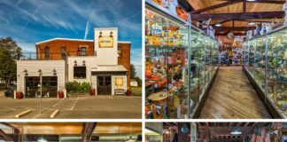 A collage of four photos highlighting different aspects of the Strasburg Antique Market. The top left image features the exterior of the restored 1898 tobacco warehouse, showcasing its modern white facade and inviting entrance. The top right image shows an aisle lined with glass display cases filled with vintage Halloween decorations and various collectibles. The bottom left image captures a room filled with vintage military memorabilia, toy trucks, and pottery, all displayed in a well-lit space with wooden floors and beams. The bottom right image depicts a bustling aisle with vintage clothing, decorative plates, and patriotic memorabilia, illustrating the market's diverse and eclectic selection of antiques.