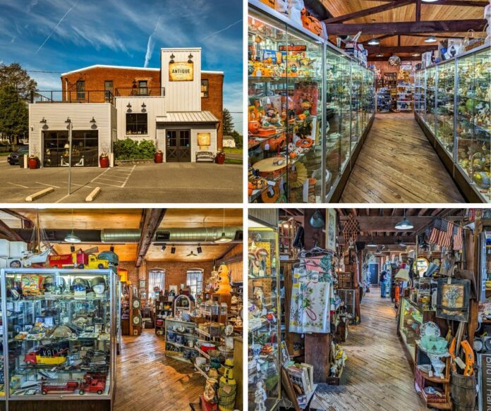A collage of four photos highlighting different aspects of the Strasburg Antique Market. The top left image features the exterior of the restored 1898 tobacco warehouse, showcasing its modern white facade and inviting entrance. The top right image shows an aisle lined with glass display cases filled with vintage Halloween decorations and various collectibles. The bottom left image captures a room filled with vintage military memorabilia, toy trucks, and pottery, all displayed in a well-lit space with wooden floors and beams. The bottom right image depicts a bustling aisle with vintage clothing, decorative plates, and patriotic memorabilia, illustrating the market's diverse and eclectic selection of antiques.