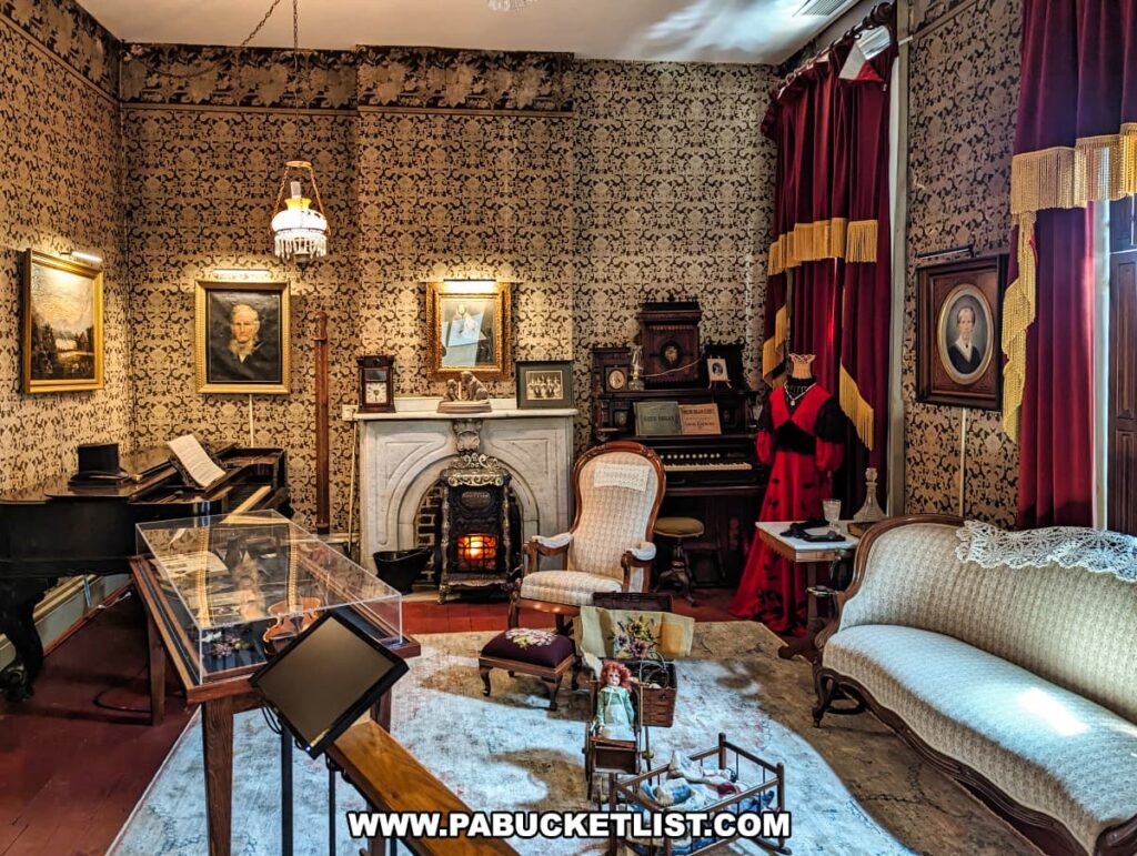 A historically recreated parlor room at the Jefferson County History Center in Brookville, Pennsylvania. The room features ornate wallpaper, red curtains with gold trim, and antique furnishings. A grand piano with sheet music, a glass display case with artifacts, a vintage wood stove, and a small organ are prominently displayed. Portraits adorn the walls, and a dress mannequin wearing a period costume stands beside the organ. The seating includes a cream-colored upholstered sofa and matching chairs, with a doll and other period items placed around the room. The setting reflects the elegance of a 19th-century parlor.