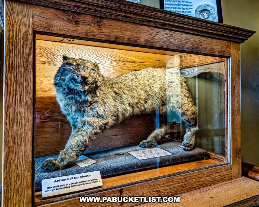 A taxidermy wildcat displayed in a wooden and glass case at the Jefferson County History Center in Brookville, Pennsylvania. The wildcat is labeled as the "Artifact of the Month," and it is presented on a bed of gray fabric. The exhibit provides historical information about the wildcat and its significance to Jefferson County history. The case is well-lit, highlighting the preserved details of the wildcat, including its fur and facial features.