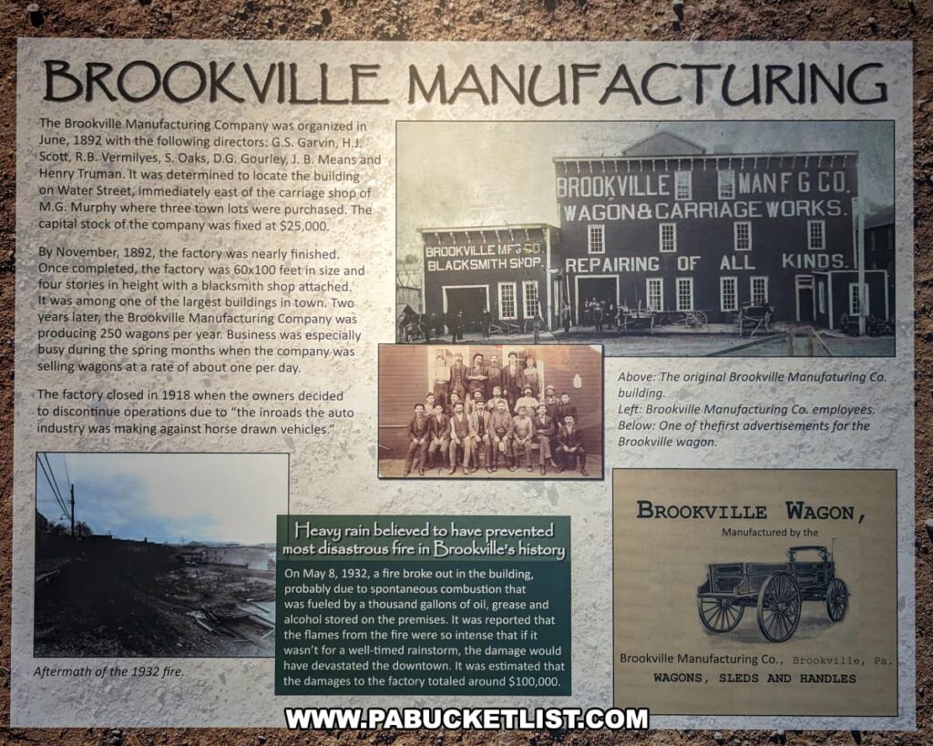 An informative display at the Jefferson County History Center in Brookville, Pennsylvania, detailing the history of the Brookville Manufacturing Company. The display describes the company's organization in June 1892, listing its directors and the initial capital stock of $25,000. It highlights the construction of the factory, which was completed in November 1892, and its operation, producing 250 wagons per year. The exhibit notes the factory's closure in 1918 due to the rise of the automobile industry. Historical photos of the original building, employees, and advertisements for Brookville wagons are included. Additionally, the display covers a significant fire in 1932 that caused extensive damage, emphasizing the impact of the event on the local industry.