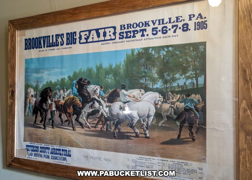 A vintage poster advertising "Brookville's Big Fair" held on September 5-8, 1905, in Brookville, Pennsylvania. The poster features a colorful illustration of an equestrian event, with riders and horses in dynamic poses, set against a backdrop of trees and a blue sky. The text highlights the fair's attractions, including a Barney Demarest equestrian show and $12,000 in purses and premiums. The event is organized by the Jefferson County Agricultural and Driving Park Association, and the lower portion of the poster lists the program of classes and purses for the fair. The poster is framed in wood and shows some signs of age, adding to its historical charm.