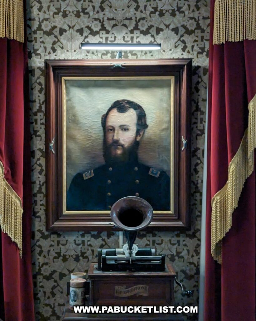 A portrait of Col. Armor A. McKnight displayed at the Jefferson County History Center in Brookville, Pennsylvania. The painting is framed in a wooden frame and shows Col. McKnight in his military uniform. The portrait is set against a backdrop of ornate wallpaper with red curtains trimmed in gold. Below the portrait is an antique gramophone with a large horn and several cylinder records, adding a historical ambiance to the display. The lighting above the portrait highlights the details of Col. McKnight's image and the surrounding decor.