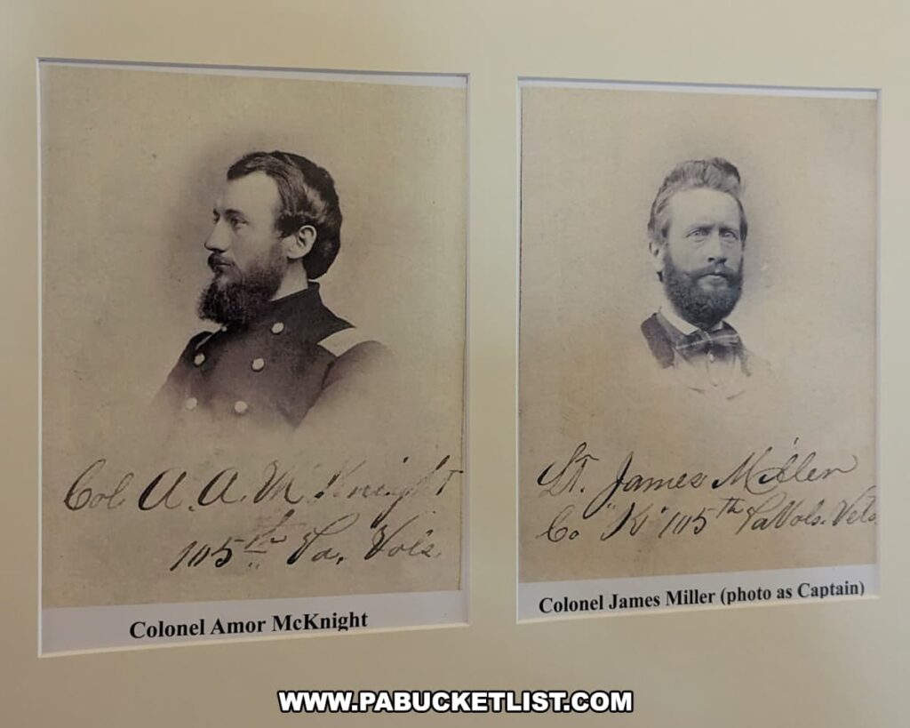 A display at the Jefferson County History Center in Brookville, Pennsylvania, featuring historical photographs of Colonel Amor McKnight and Colonel James Miller. The left photograph shows Colonel Amor McKnight in his military uniform, with his signature and "105th Pa. Vols." captioned below. The right photograph depicts Colonel James Miller, also with his signature and "Co. K, 105th Pa Vols." labeled beneath. Both images are sepia-toned and provide a glimpse into the historical figures associated with the 105th Pennsylvania Volunteer Infantry Regiment, also known as the Wildcat Division.