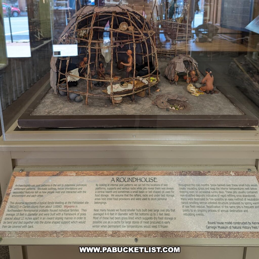 An exhibit at the Jefferson County History Center in Brookville, Pennsylvania, featuring a detailed diorama of a Native American roundhouse. The model shows a typical family dwelling at the Fishbasket site in Clarion County around 1100 AD. The roundhouse is constructed with a framework of poles covered with bark, depicting daily life activities inside and around the structure. Miniature figures are shown performing various tasks, such as cooking and tending to children. An informational panel below the diorama explains the use of post patterns to determine prehistoric settlement patterns, the construction methods of wigwams and roundhouses, and their usage for food storage and other daily functions. The exhibit emphasizes the historical and cultural significance of these structures in the region.
