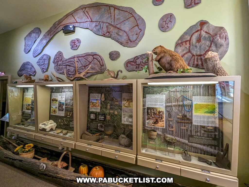 A display at the Jefferson County History Center in Brookville, Pennsylvania, showcasing the history of Native Americans and early settlers in the region. The exhibit features several glass cases containing artifacts such as tools, pottery, jewelry, and agricultural implements. Above the cases, a mural depicts petroglyphs and rock art. The display includes detailed information panels about the daily life, hunting and fishing practices, and European contact with Native Americans. Taxidermy animals, including a beaver and a squirrel, are positioned on top of the cases, alongside antlers and other natural elements, enhancing the educational presentation. Decorative elements like sunflowers and pumpkins are arranged at the base of the exhibit, adding a touch of seasonal decor.
